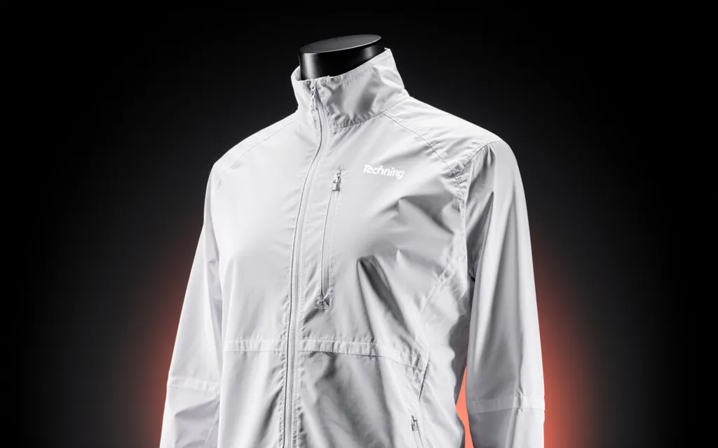 A white waterproof running jacket on a mannequin under coral studio light