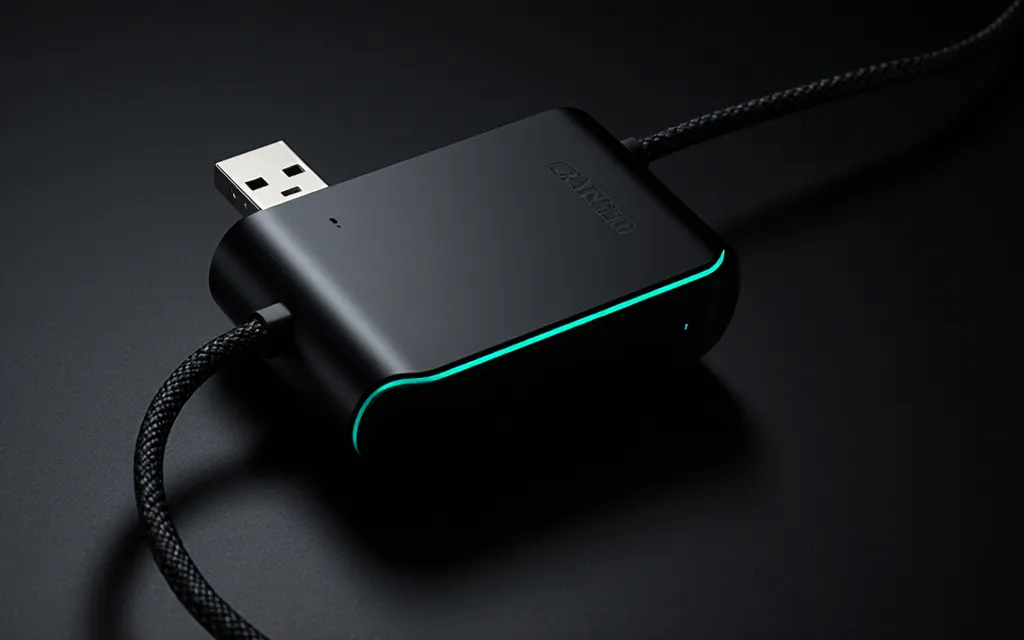 A compact USB-C GaN charger and braided cable under cyan studio light