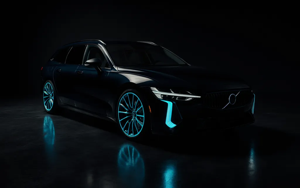 A sleek estate car in a dark studio under azure rim lighting