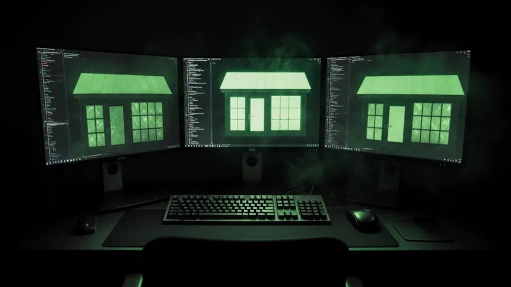 A developer workstation with three monitors showing glowing storefronts, one compliance job across many platforms