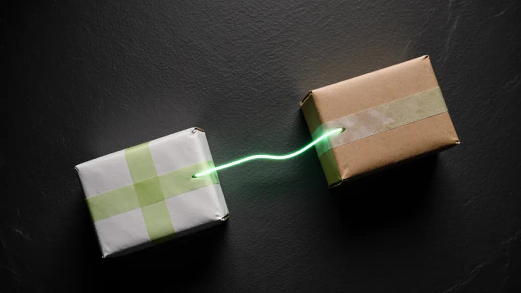 Two parcels joined by a glowing lime thread on a dark surface, one cancellation flow serving both UK and EU rules