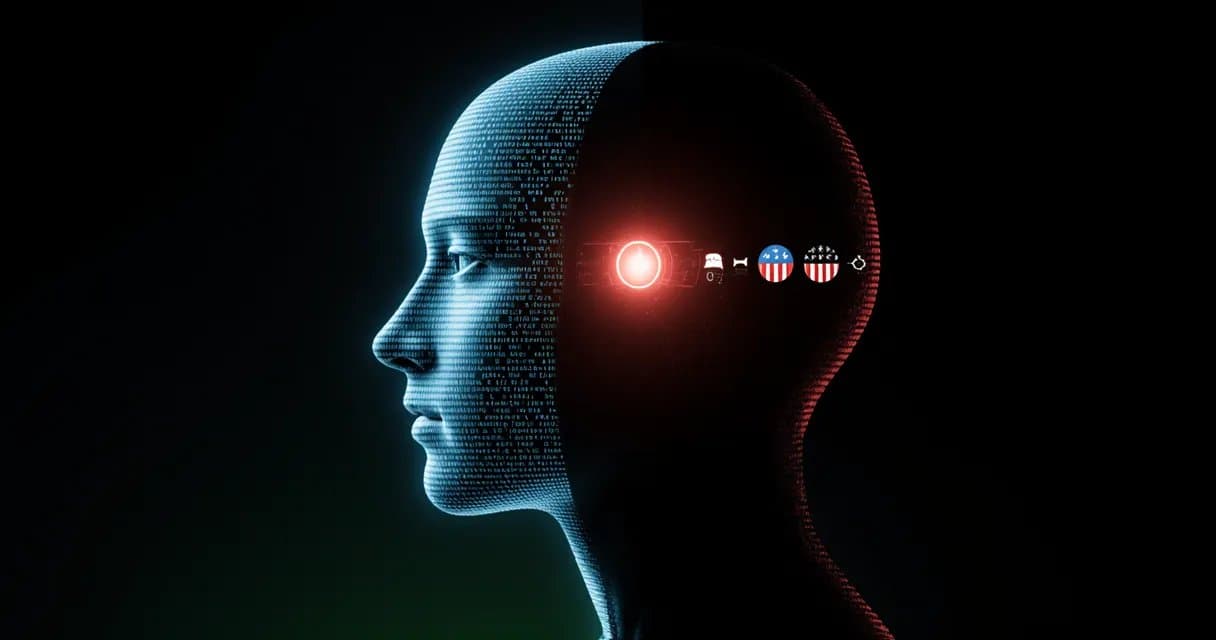 A face split blue and red, made of data, being scanned by an AI