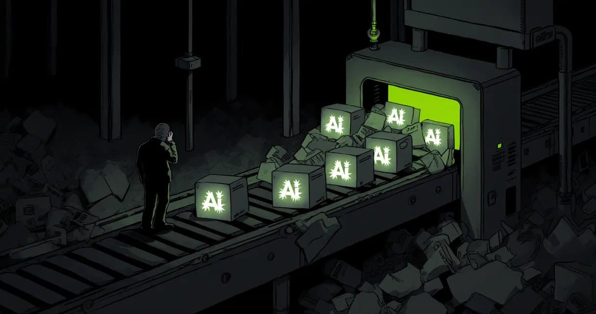 A conveyor belt stamping out identical hollow AI app boxes