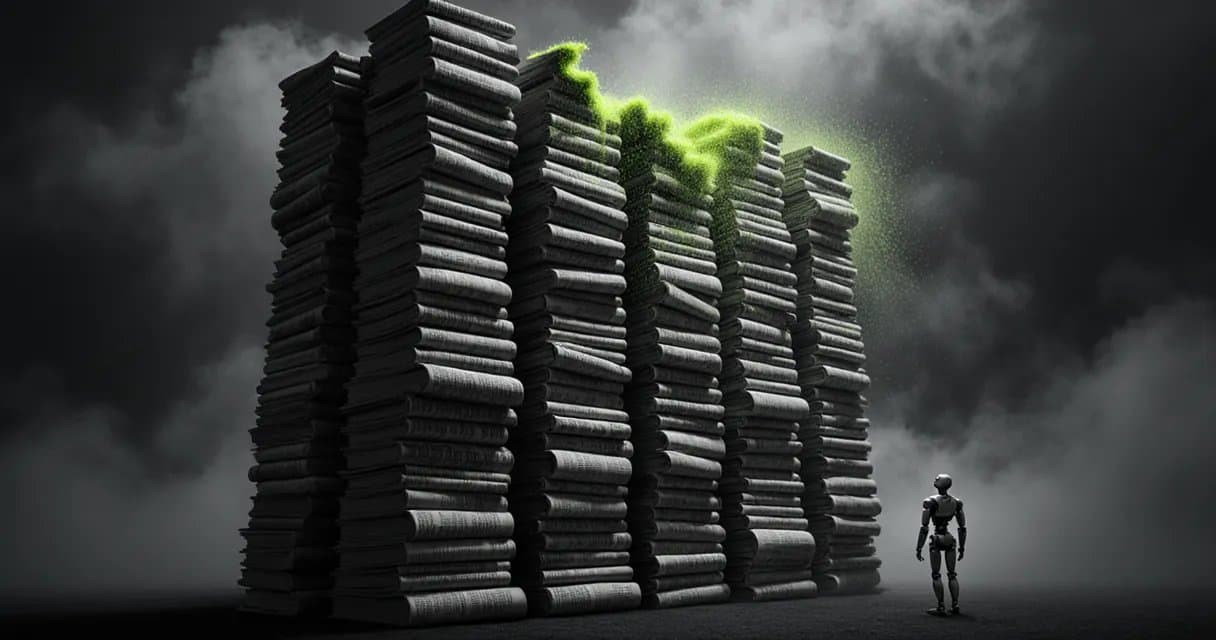 A towering wall of books and paper with a small robot at its base