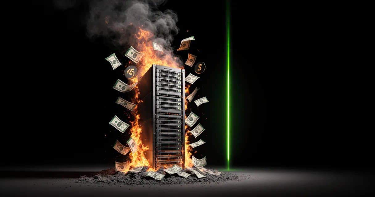 A server rack on fire with banknotes turning to ash