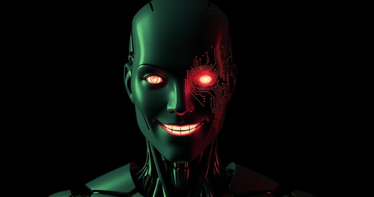 A humanoid AI holding a smiling human mask over its red-circuit face