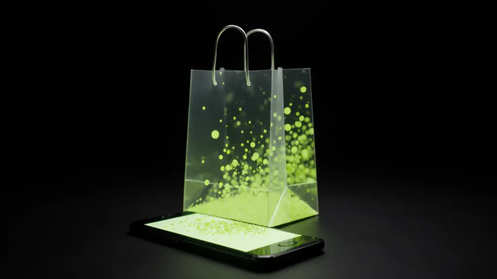 A translucent shopping bag dissolving into glowing lime particles that stream down into a smartphone screen, on a dark graphite background
