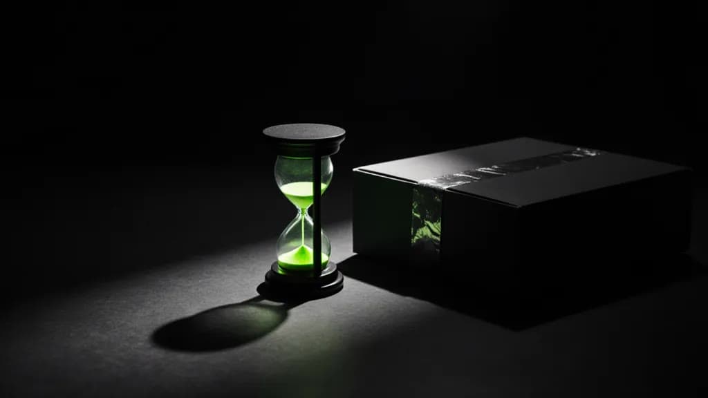 A glowing lime hourglass beside a sealed parcel on a dark desk, the compliance clock running down before 19 June