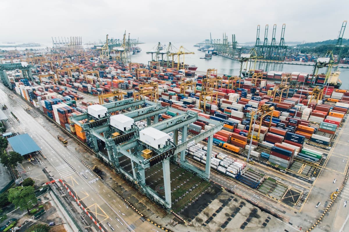 Global shipping and trade containers at port
