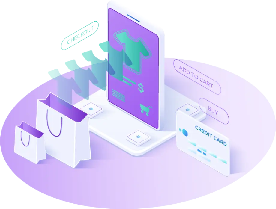 ecommerce store shopping online, with bags and clothing 3d graphic.